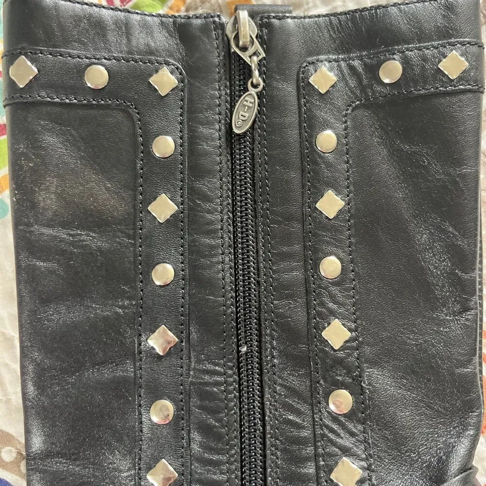 Harley Davidson Wmns 8.5 Western Studded Cowboy Boots Black Logo Zipper Leather
